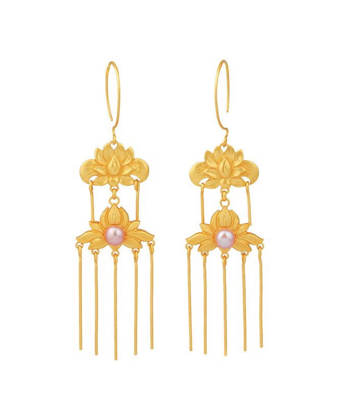 Boucles d'oreilles pendantes à pampilles florales en argent sterling doré vintage QQ007