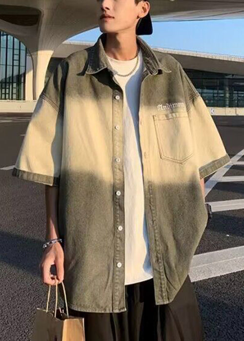 Chemises homme à poches mi-longues en coton vintage dégradé de couleurs vert