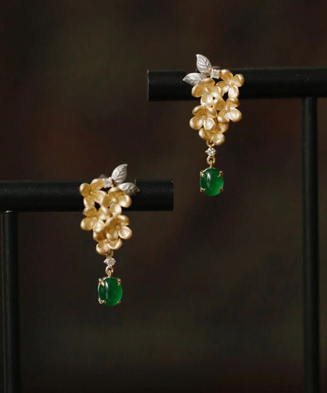 Boucles d'oreilles à pompons en jade vert vintage et zircons