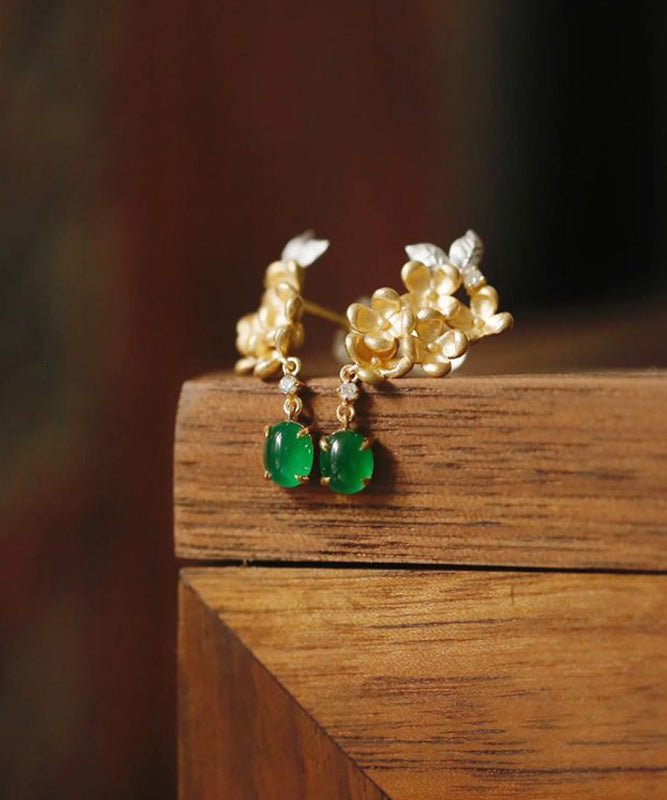 Boucles d'oreilles à pompons en jade vert vintage et zircons