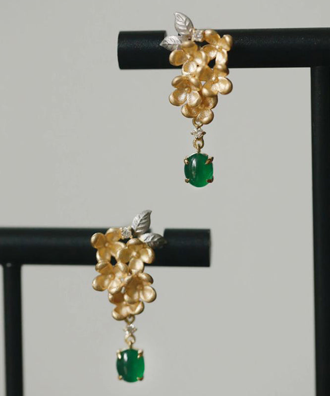 Boucles d'oreilles à pompons en jade vert vintage et zircons