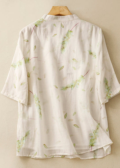 Vintage Green Stand Collar Print Linen Blouse Tops Summer AM1064