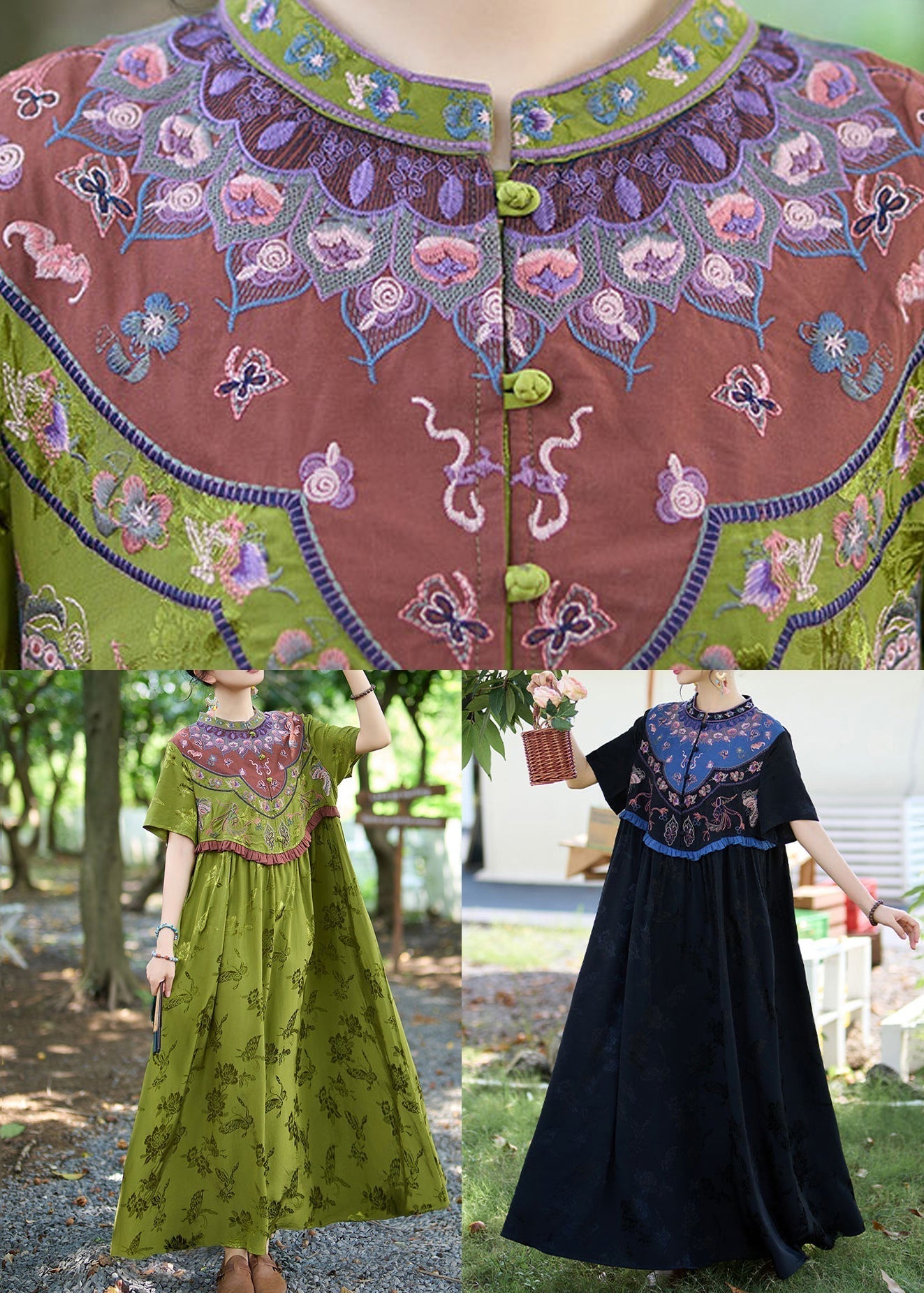 Robe vintage en soie brodée à volants et col montant vert pour l'été WW1018