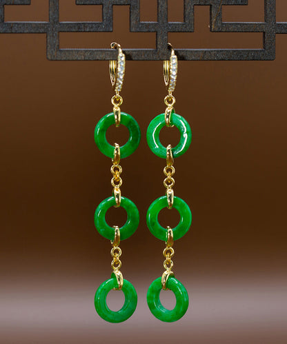 Vintage Green Sterling Silver Overgild Jade Circle Drop Earrings AC1063