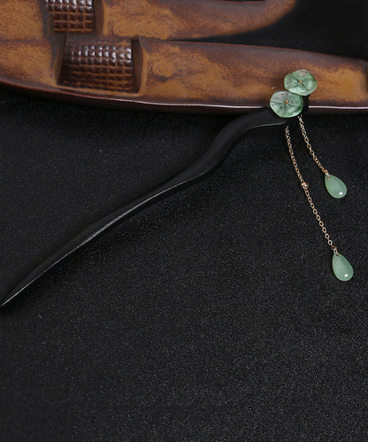 Vintage Green Xylogen Lotus Flower Tassel Hairpin QQ074