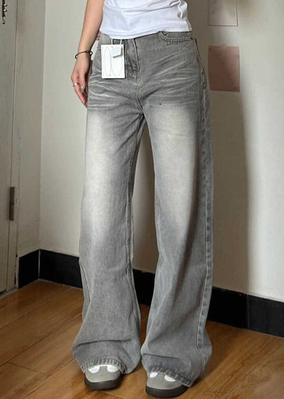 Vintage Grey Pockets High Waist Denim Wide Leg Pants Fall QF045