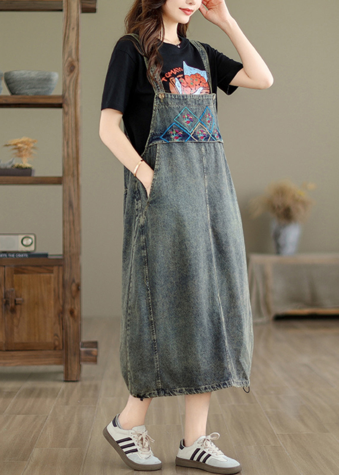 Vintage Grau Taschen Patchwork Kordelzug Denim Maxi Kleider Sommer UU042