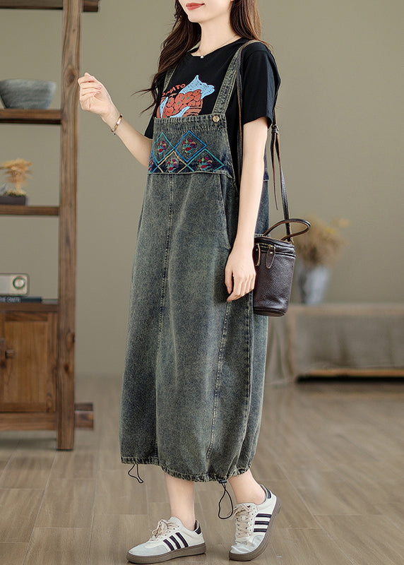 Vintage Grau Taschen Patchwork Kordelzug Denim Maxi Kleider Sommer UU042