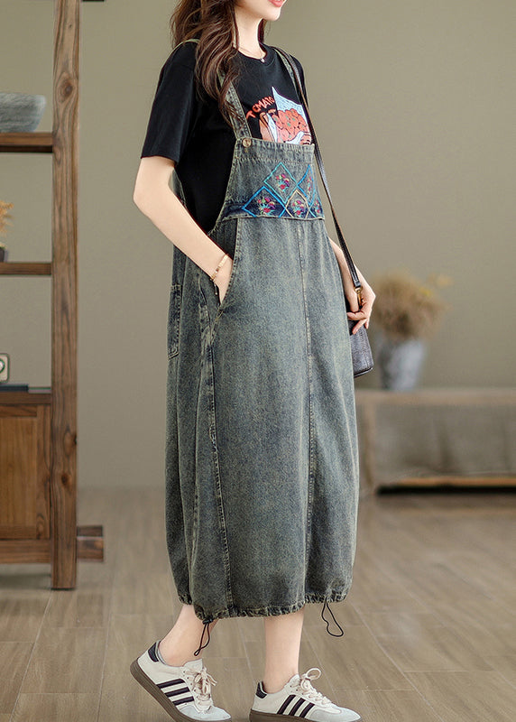 Vintage Grau Taschen Patchwork Kordelzug Denim Maxi Kleider Sommer UU042