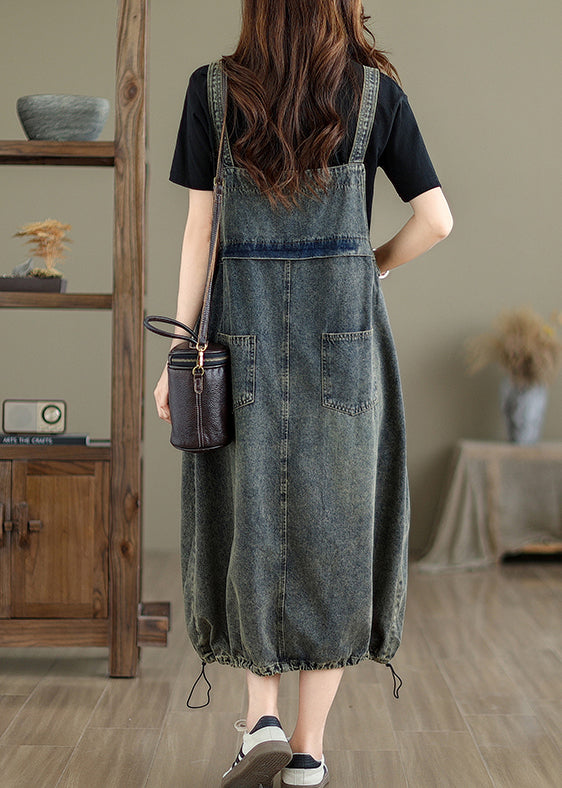 Vintage Grau Taschen Patchwork Kordelzug Denim Maxi Kleider Sommer UU042