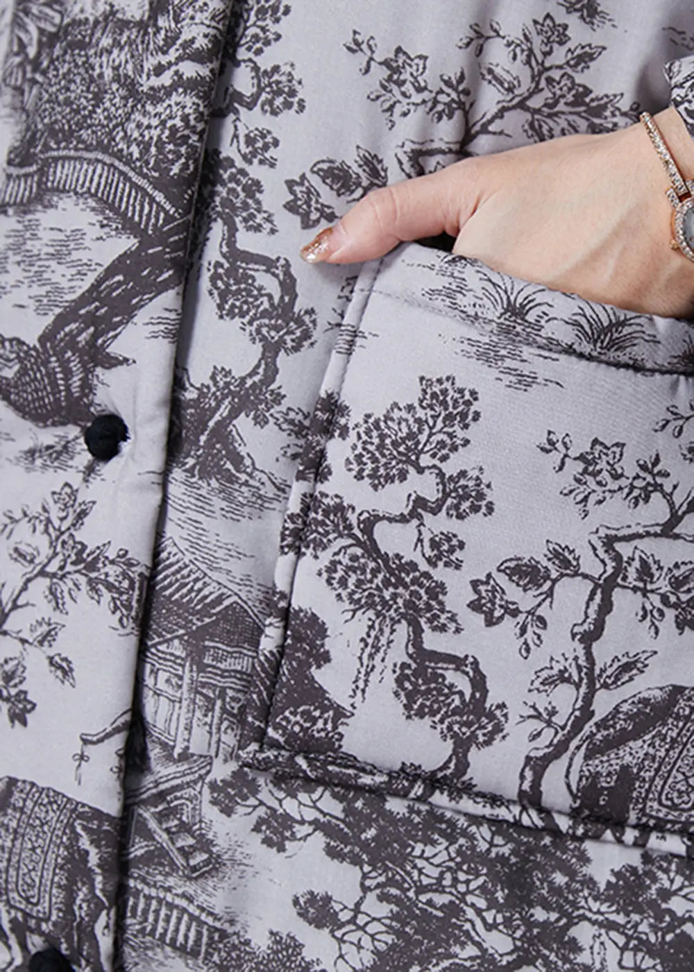 Vintage Grey Print Pockets Fine Cotton Filled Coats Winter Ada Fashion