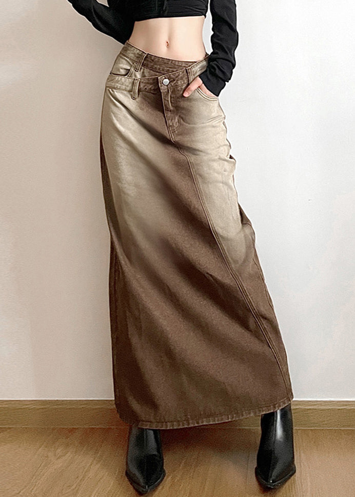 Vintage Light Brown Asymmetrical Side Open Denim Skirt Fall PP002