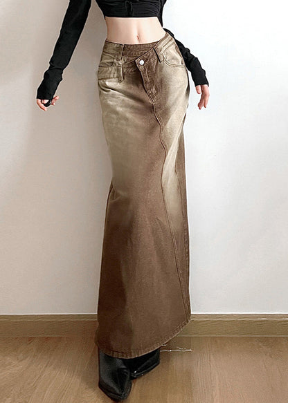 Vintage Light Brown Asymmetrical Side Open Denim Skirt Fall PP002