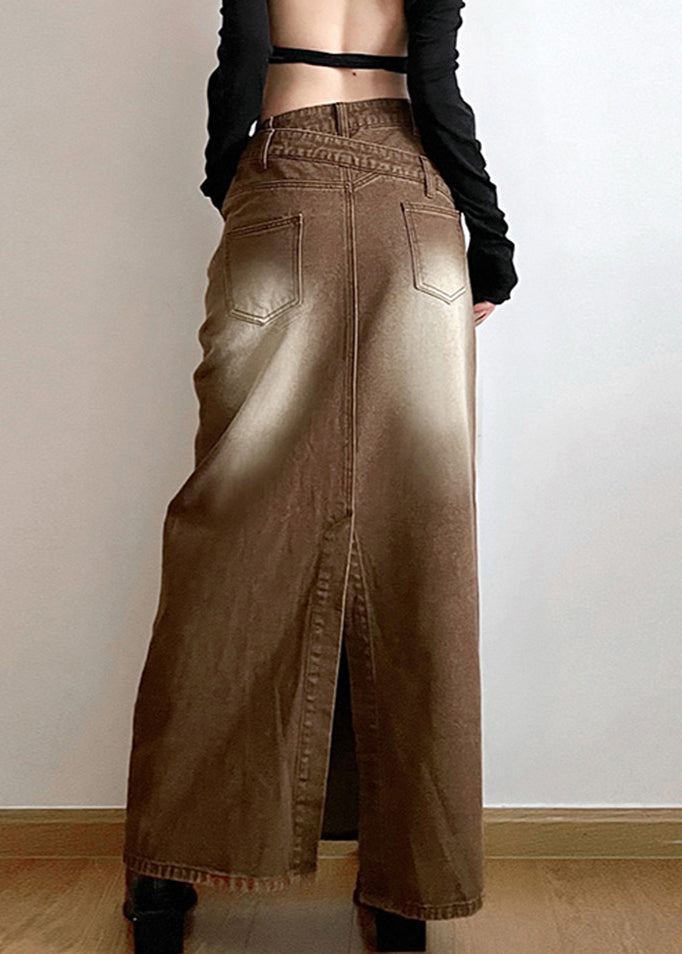 Vintage Light Brown Asymmetrical Side Open Denim Skirt Fall PP002