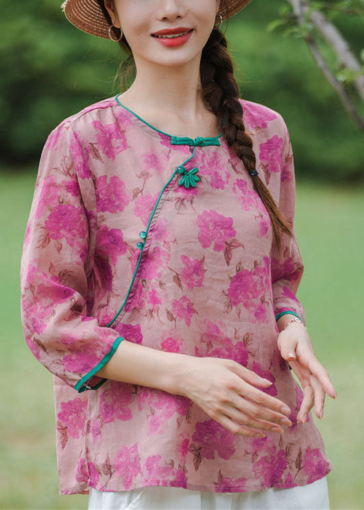 Vintage Pink Floral Linen Shirts Bracelet Sleeve AP058