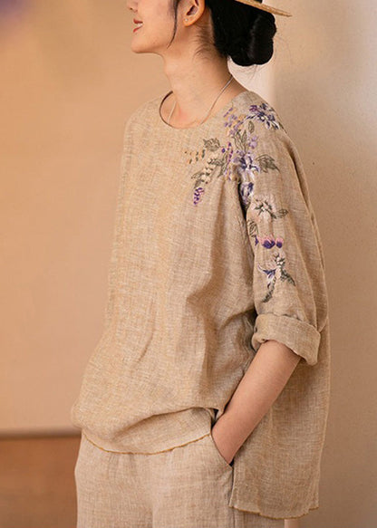 Vintage O-Neck Embroidered Linen Shirt Top Long Sleeve LK008