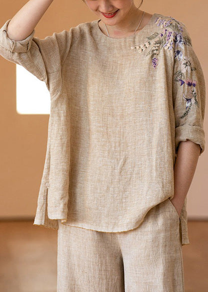 Vintage O-Neck Embroidered Linen Shirt Top Long Sleeve LK008