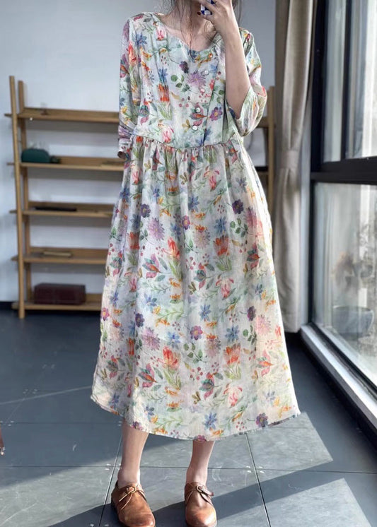 Robe vintage en coton à imprimé patchwork et col rond avec manches bracelet LK012