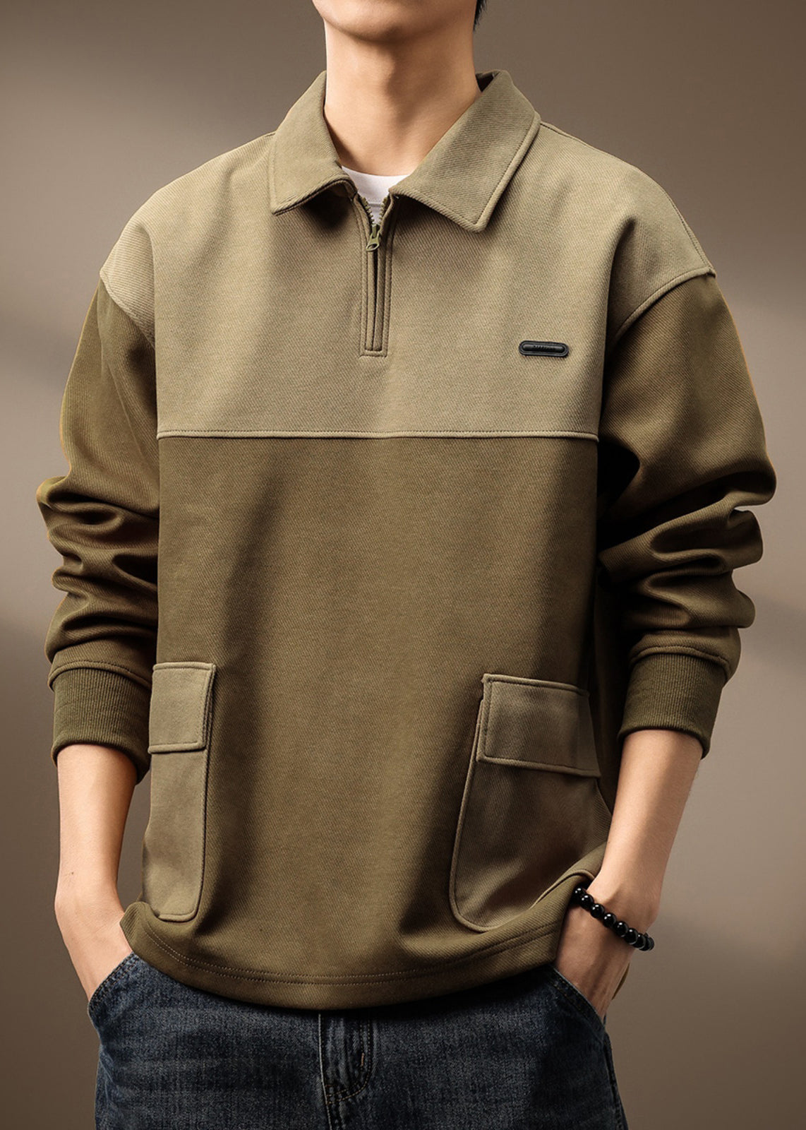 Baumwolle Frühling Reißverschluss Grün Oliv Taschen Herren Vintage Sweatshirt Patchwork Up TC014