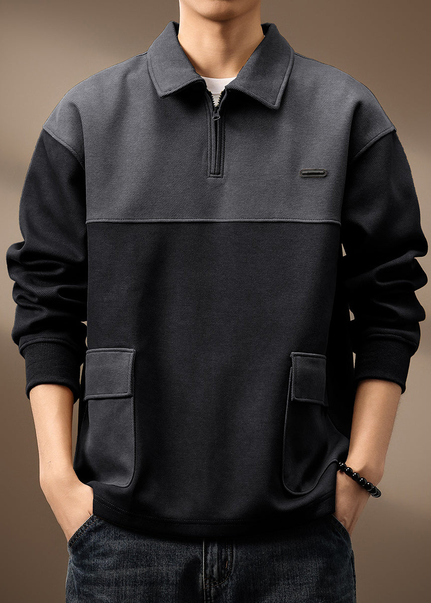Baumwolle Frühling Reißverschluss Grün Oliv Taschen Herren Vintage Sweatshirt Patchwork Up TC014