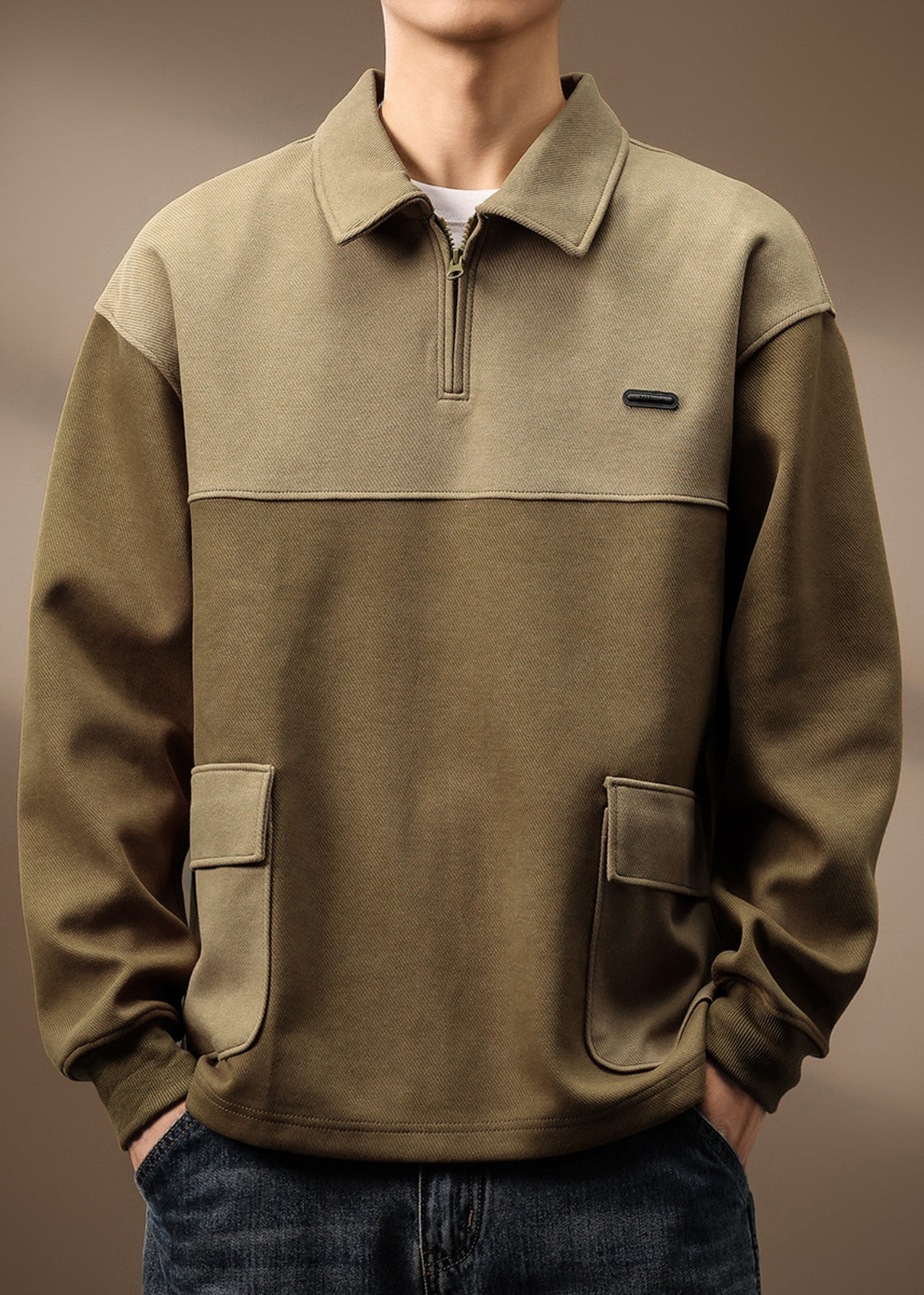 Baumwolle Frühling Reißverschluss Grün Oliv Taschen Herren Vintage Sweatshirt Patchwork Up TC014