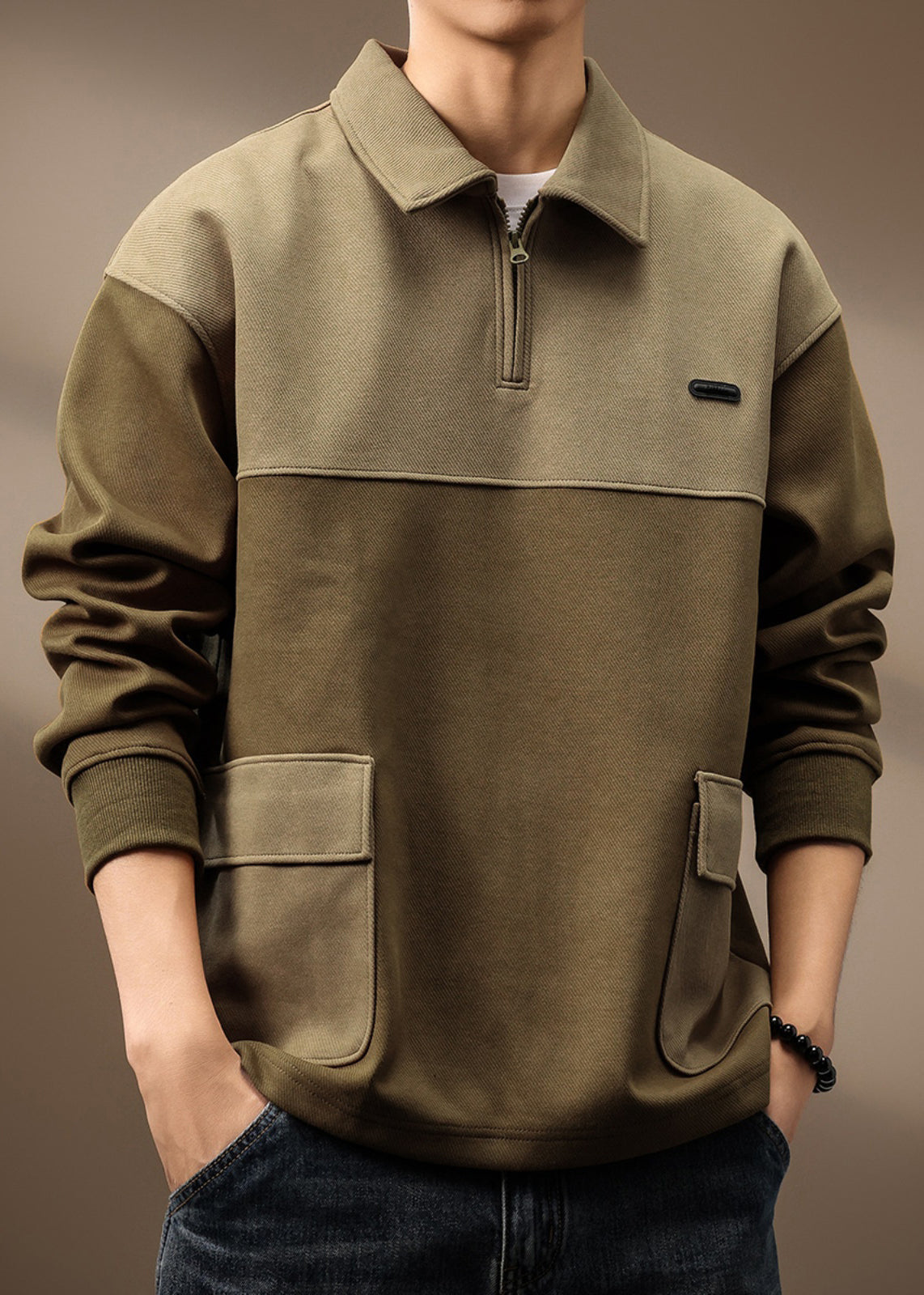 Baumwolle Frühling Reißverschluss Grün Oliv Taschen Herren Vintage Sweatshirt Patchwork Up TC014
