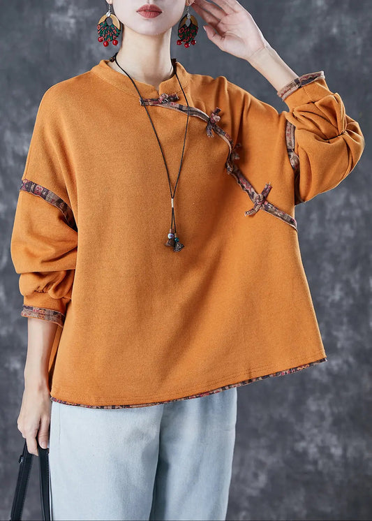 Vintage Orange Chinese Button Patchwork Cotton Shirt Tops Spring Ada Fashion