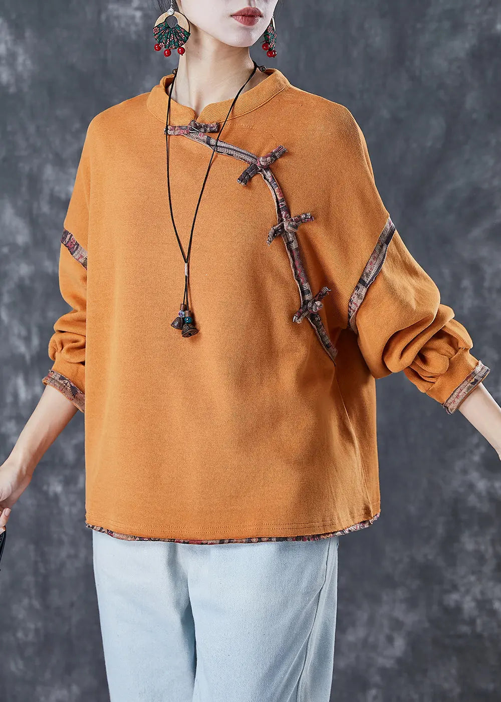 Vintage Orange Chinese Button Patchwork Cotton Shirt Tops Spring Ada Fashion