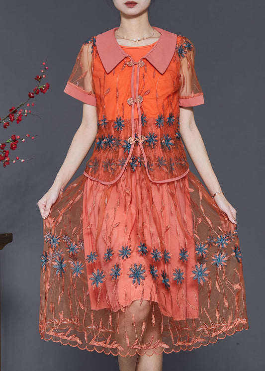 Vintage Orange Embroidered Patchwork Tulle Dresses Two Piece Set Summer SD1061