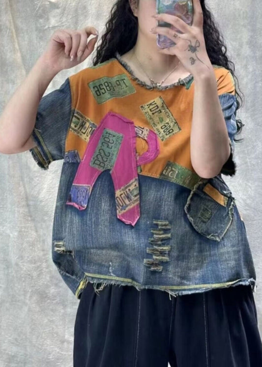 Vintage Orange Print Hole Patchwork T Shirt Denim Summer VV070