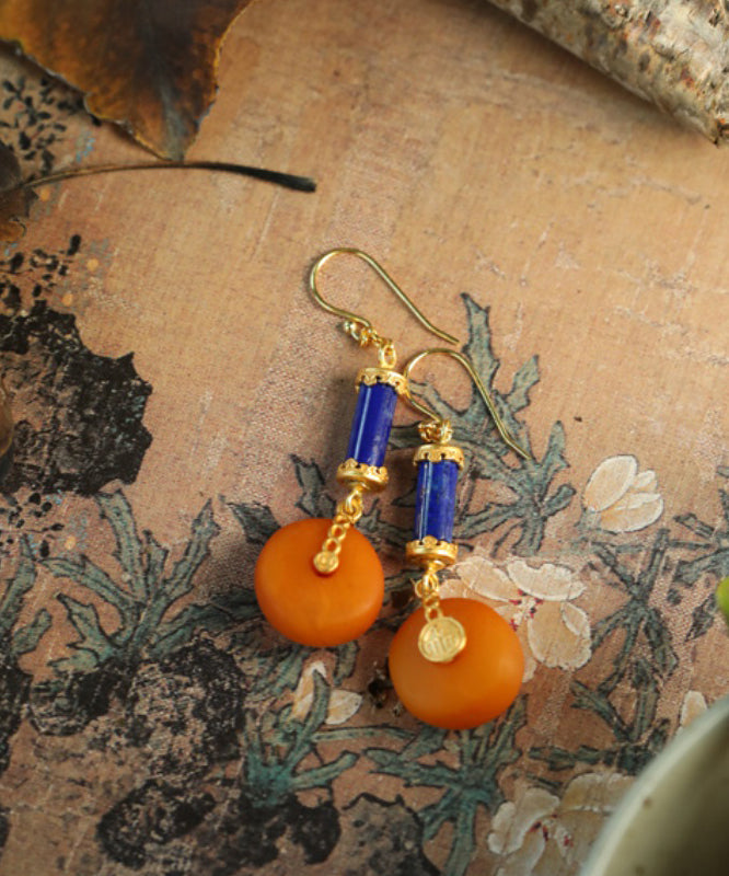 Boucles d'oreilles pendantes vintage en argent sterling orange avec surdorure et cire de miel ambré GH1087