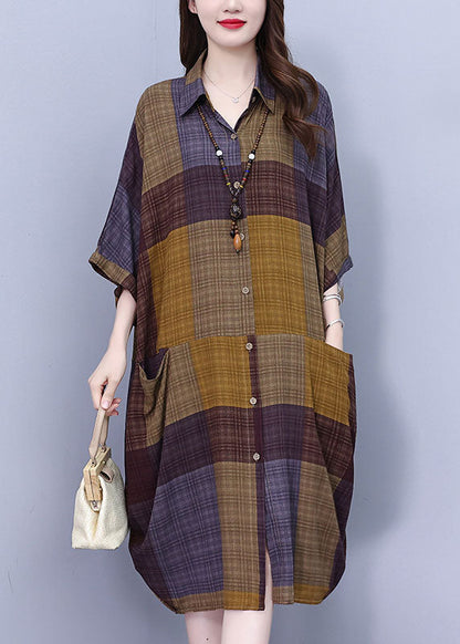 Vintage Peter Pan Collar Plaid Long Shirt Dress Summer BV017