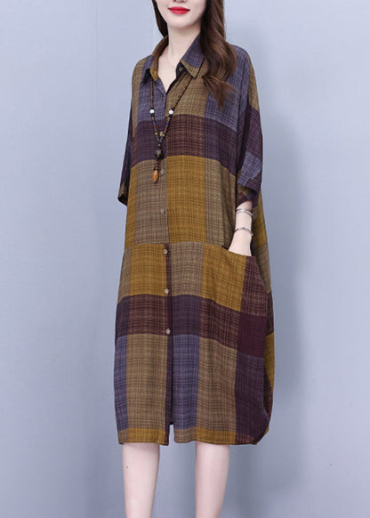 Vintage Peter Pan Collar Plaid Long Shirt Dress Summer BV017