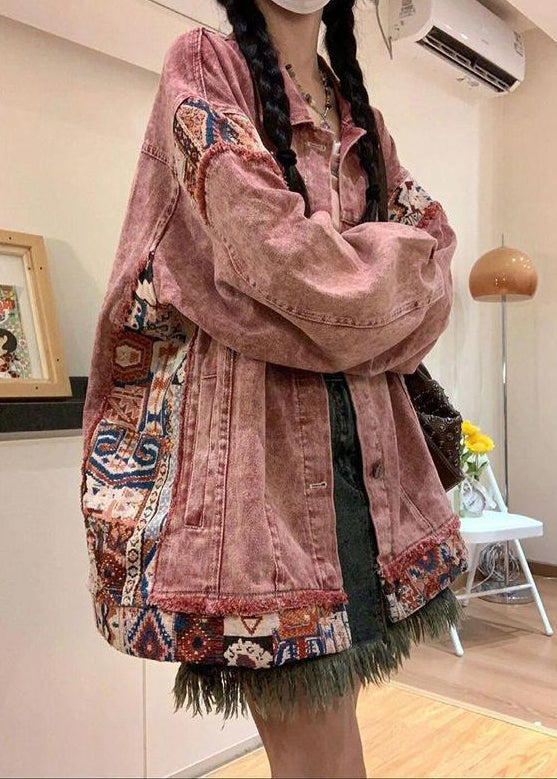 Vintage Pink Spring Pan Collar Denim Patchwork Coat Peter Button