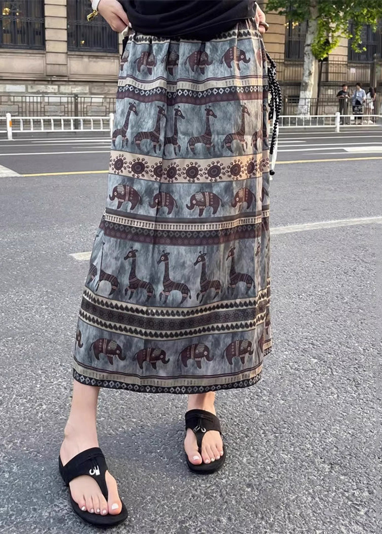 Summer Vintage Print Waist Elastic Cotton Skirt Side Open