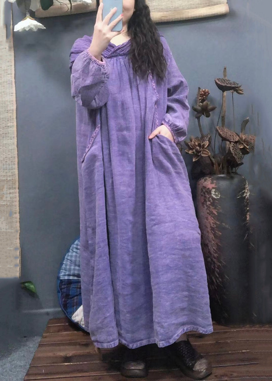 Robe longue vintage en lin uni avec poches à capuche violette, printemps AA1045