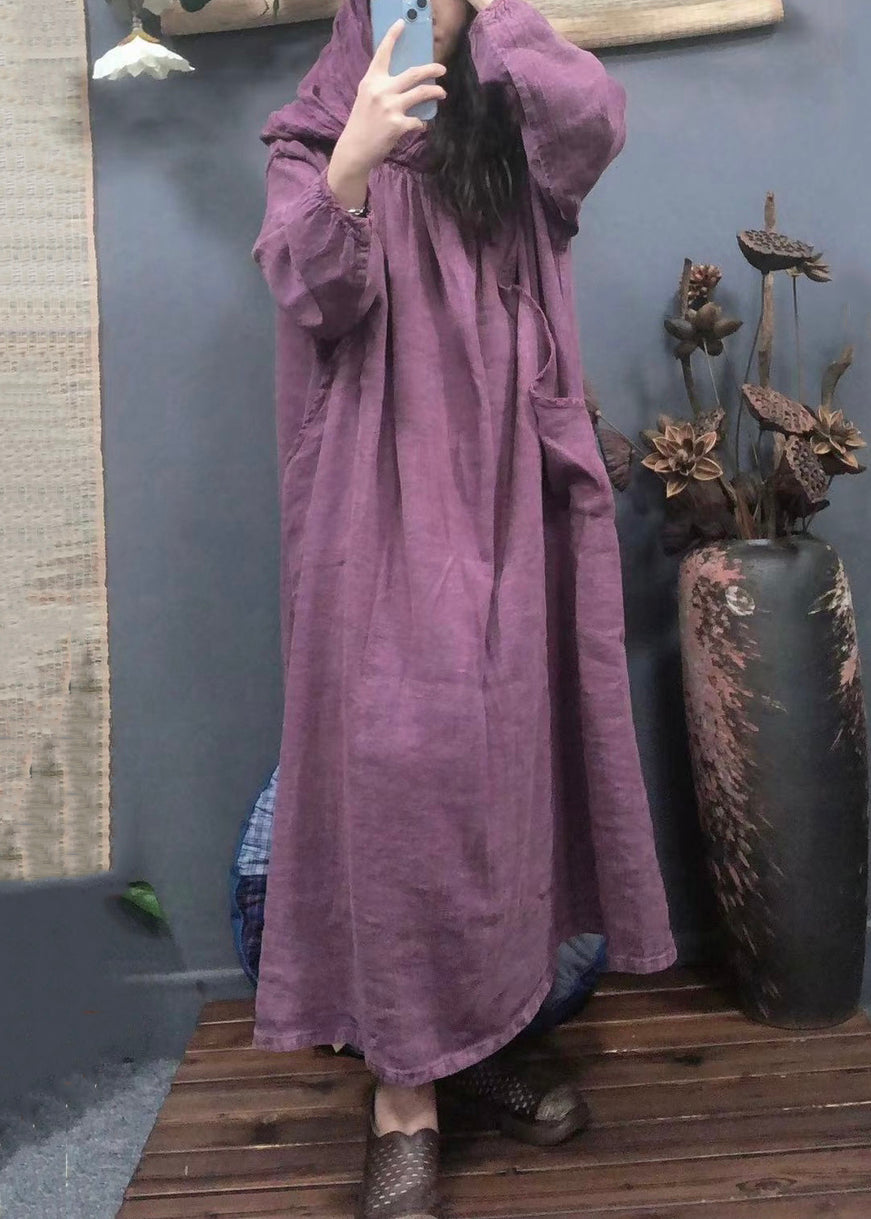 Robe longue vintage en lin uni avec poches à capuche violette, printemps AA1045