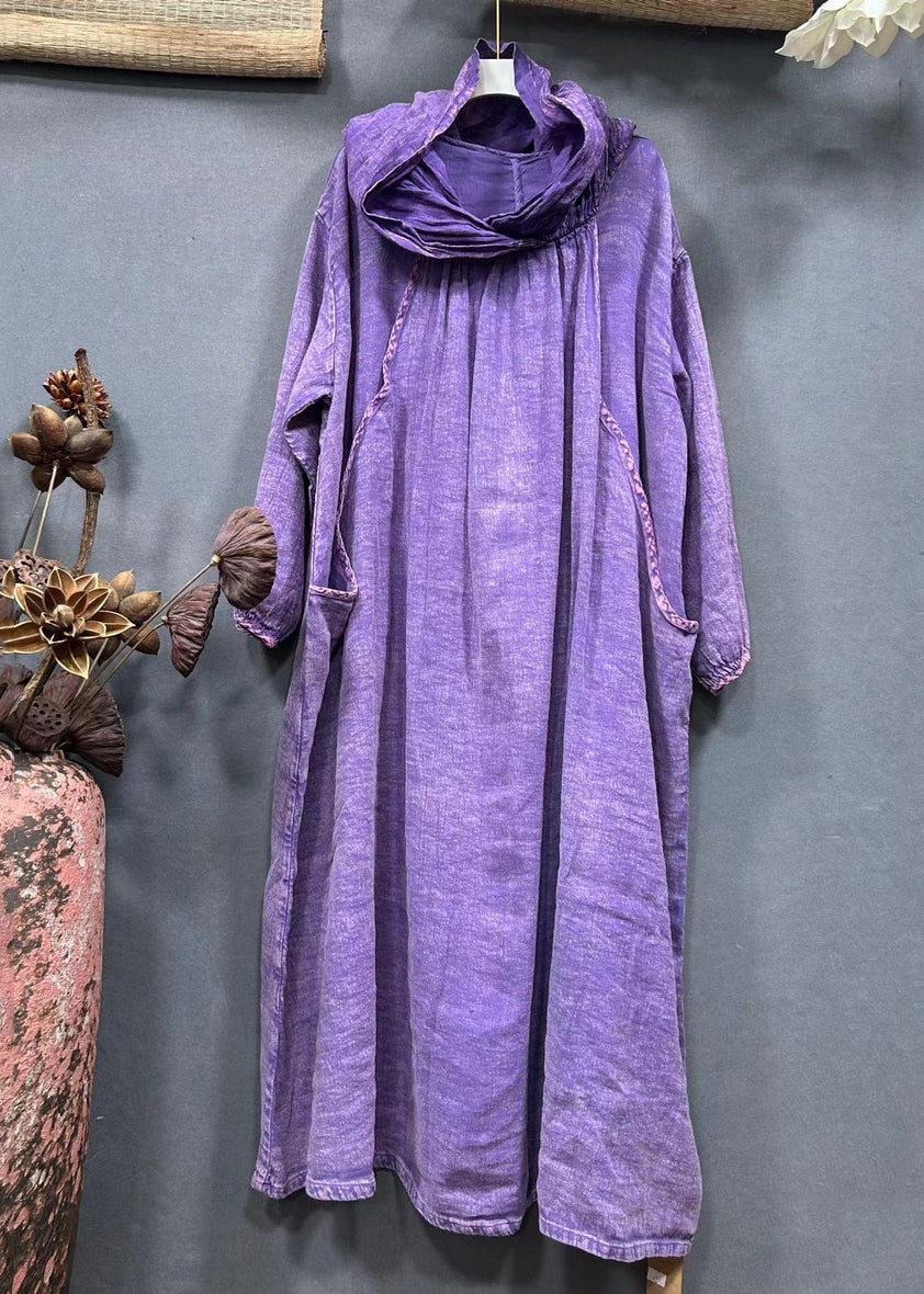 Robe longue vintage en lin uni avec poches à capuche violette, printemps AA1045