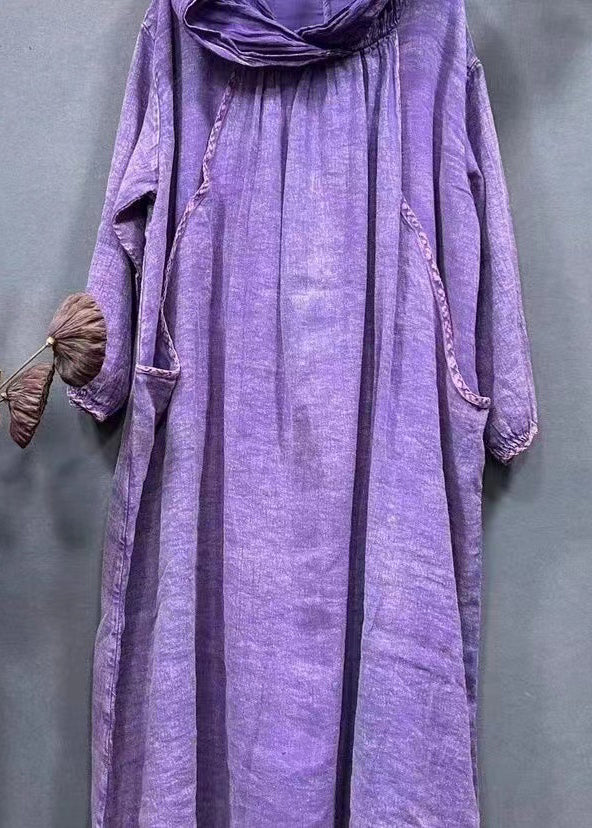 Robe longue vintage en lin uni avec poches à capuche violette, printemps AA1045