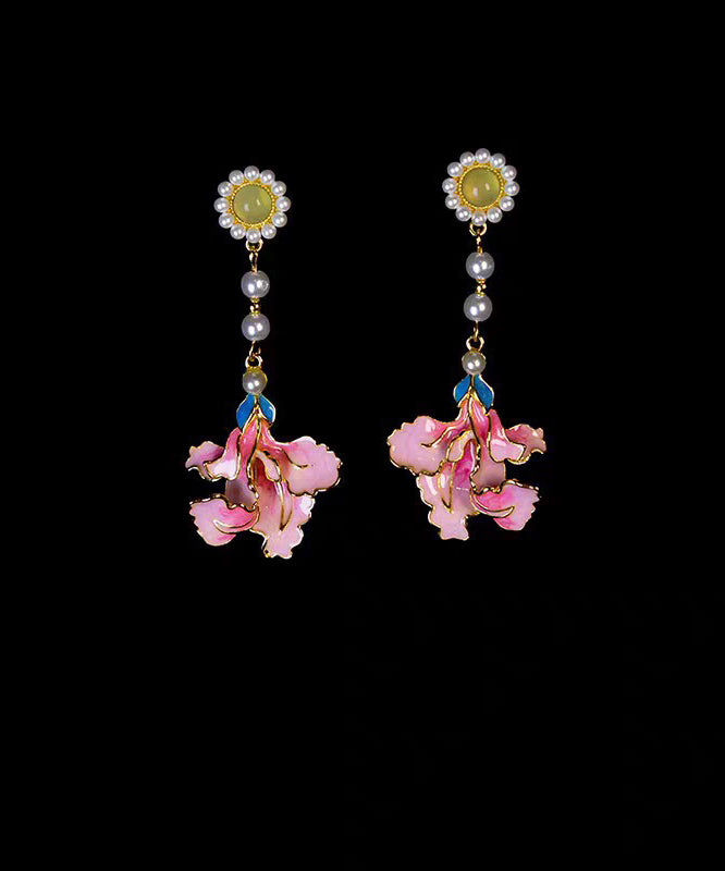 Enameling Tassel Pearl Peony Drop Rainbow Vintage Earrings Alloy