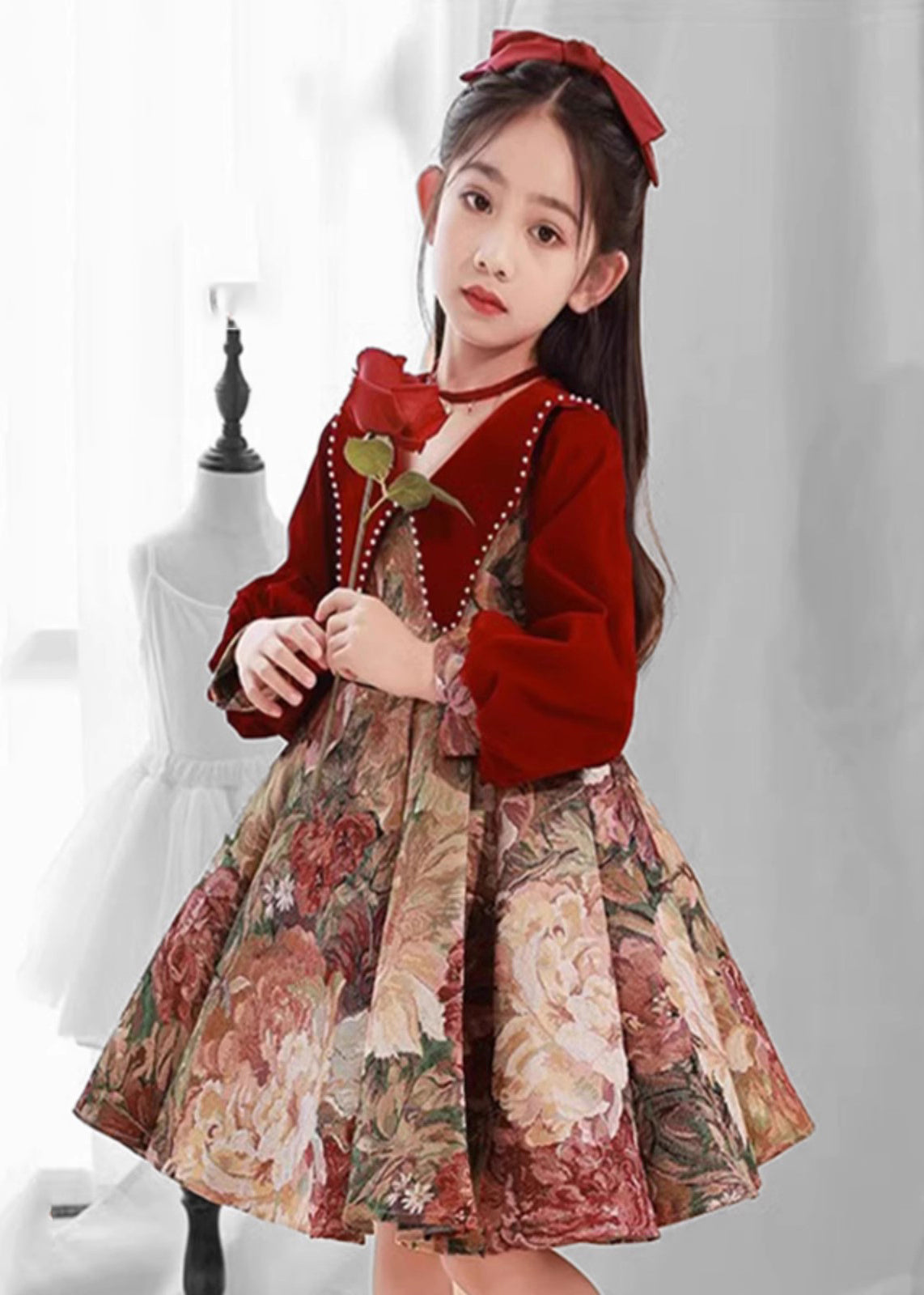 Vintage Collar Pan Dress Peter Red Print Kids Maxi Spring
