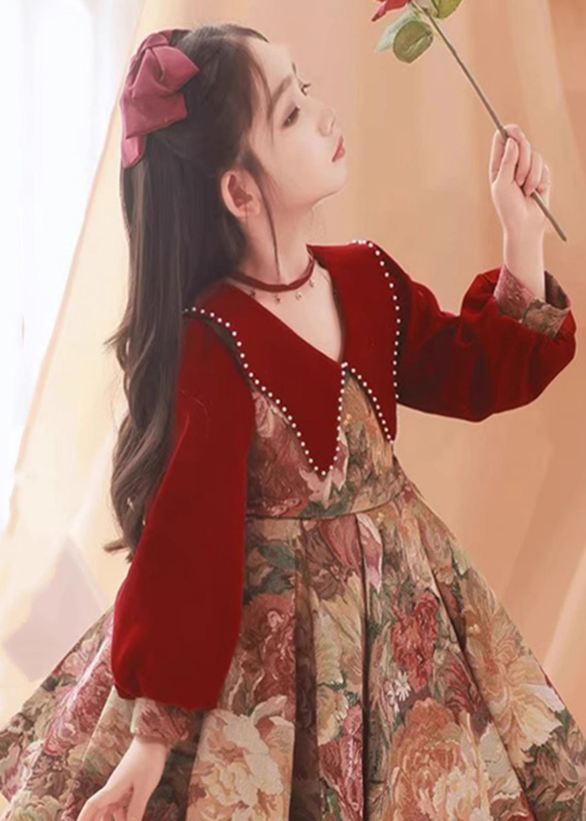 Vintage Collar Pan Dress Peter Red Print Kids Maxi Spring