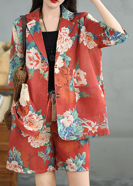Red Print Two Cotton Half Vintage Pieces Sleeve Pockets Set
