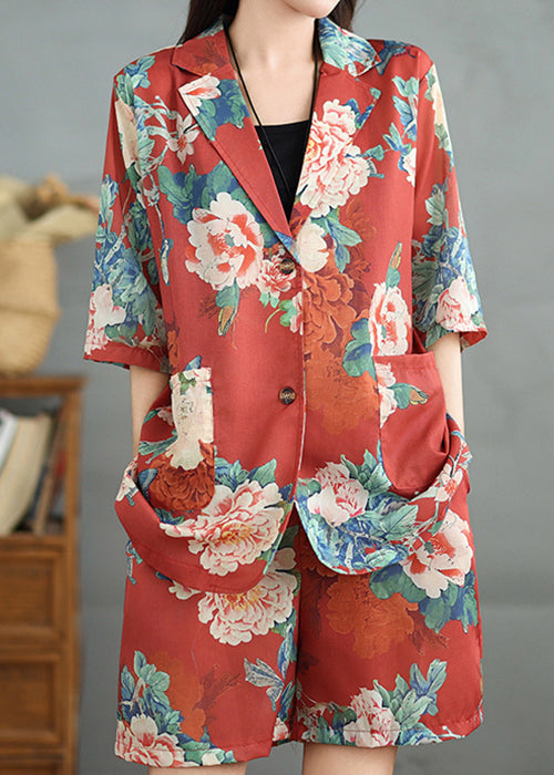 Ensemble de deux pièces vintage en coton rouge avec manches imprimées et demi-poches