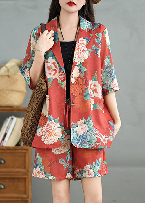Ensemble de deux pièces vintage en coton rouge avec manches imprimées et demi-poches