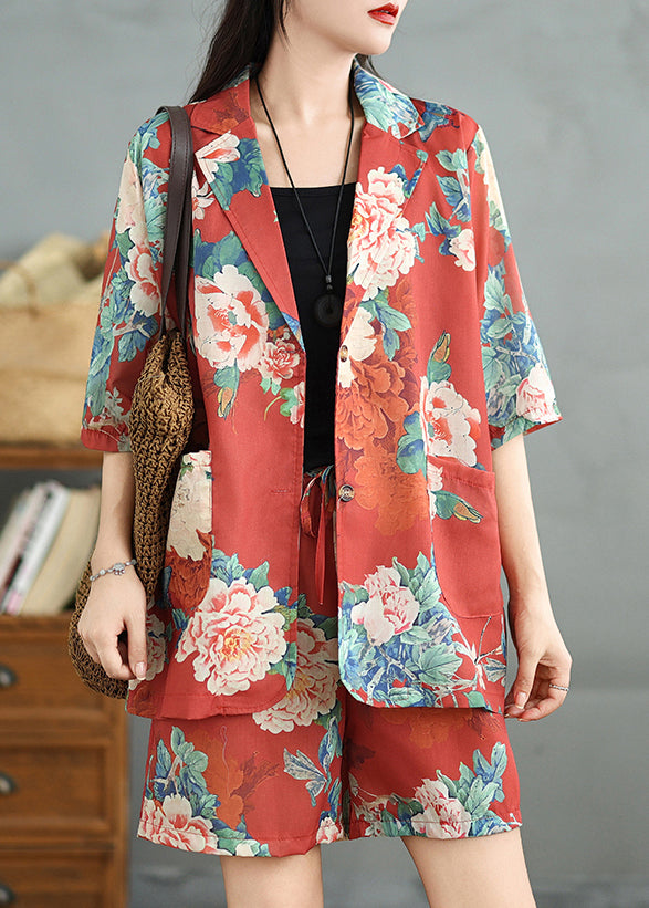 Ensemble de deux pièces vintage en coton rouge avec manches imprimées et demi-poches