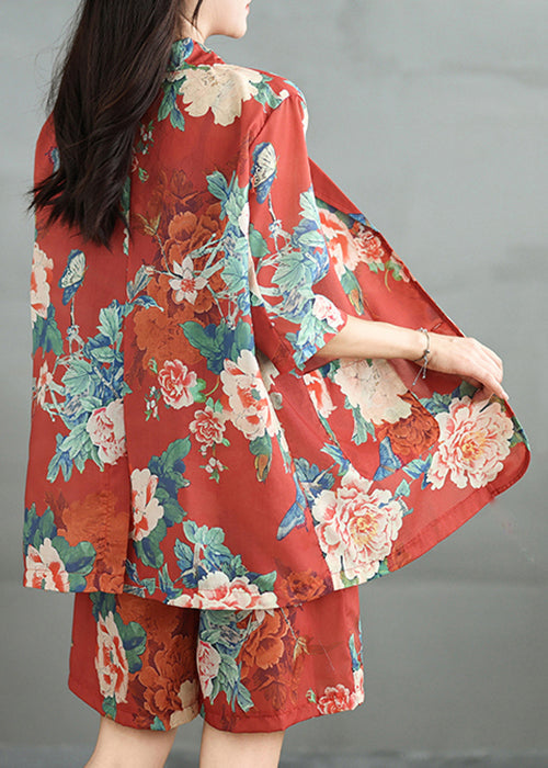 Ensemble de deux pièces vintage en coton rouge avec manches imprimées et demi-poches