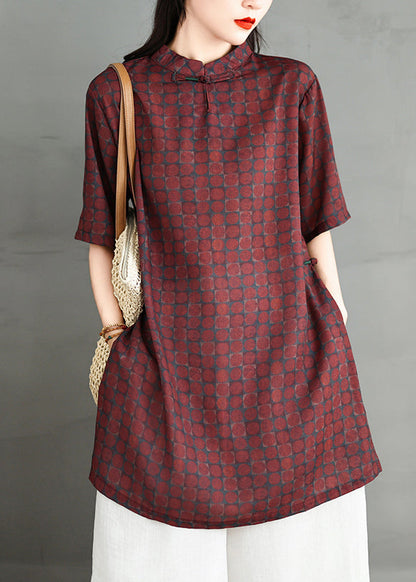 Vintage Red Stand Collar Print Side Open Cotton Dress Summer RU020