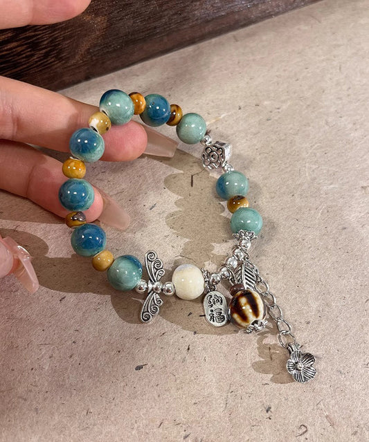 Bracelet Sterling Silk Beads Vintage Charm Ceramics Silver Jade