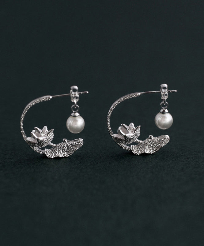 Boucles d'oreilles créoles vintage en argent sterling et soie avec perles et lotus QQ018